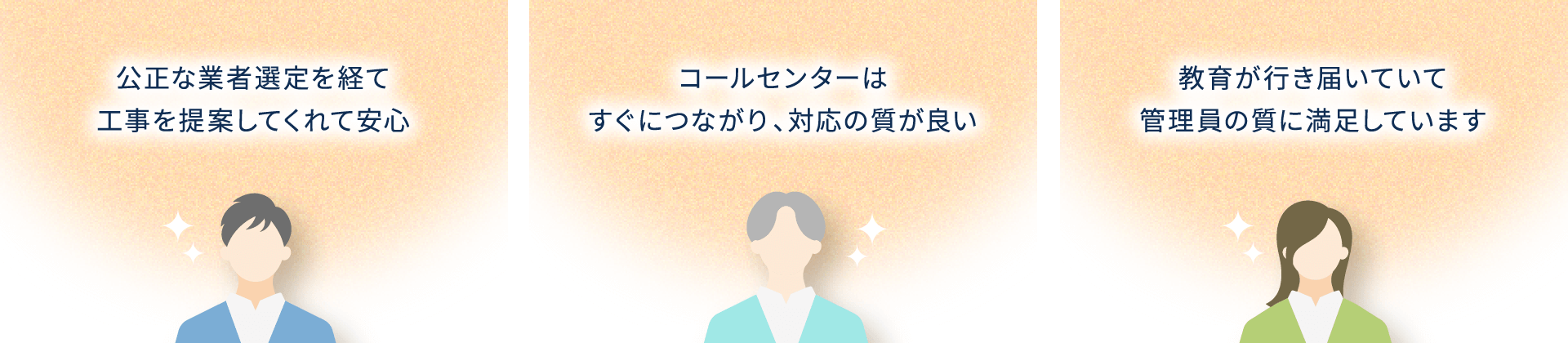 公正な業者選定を経て工事を提案してくれて安心 コールセンターはすぐにつながり、対応の質が良い 教育が行き届いていて管理員の質に満足しています