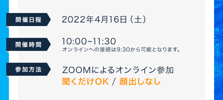 【開催日程：2022年4月16日（土）】【開催時間：10:00~11:30 オンラインへの接続は9:30から可能となります。】【参加方法：ZOOMによるオンライン参加 聞くだけOK / 顔出しなし】